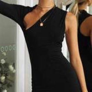 Sexy One-Shoulder Black Dress w/ Diagonal Cut Out on Chest - Mura Boutique (AU)